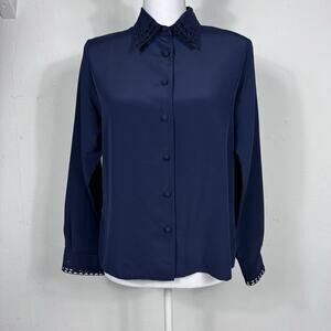 Women’s Vintage Blouse 8 Petite Blue Feminine Button Up Collared